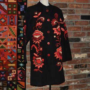Alex Kin Black & Red Embroidered Floral Tunic Style Pea Coat Mandarin Collar M